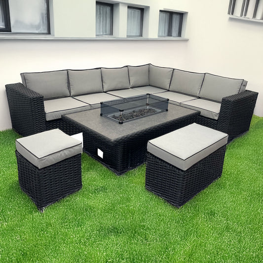 L Shaped 9 Seater Black Rattan Patio Set With Fire Pit Table