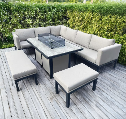 L Shaped 9 Seater Beige Garden Patio Set + Fire Pit Table