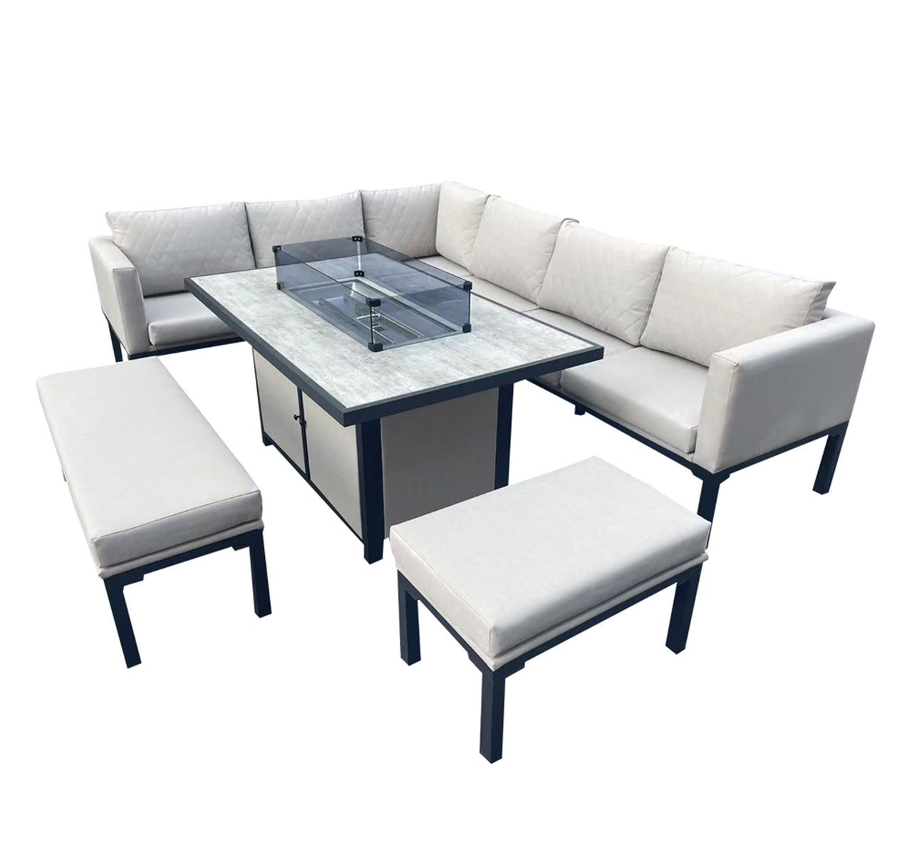 L Shaped 9 Seater Beige Garden Patio Set + Fire Pit Table