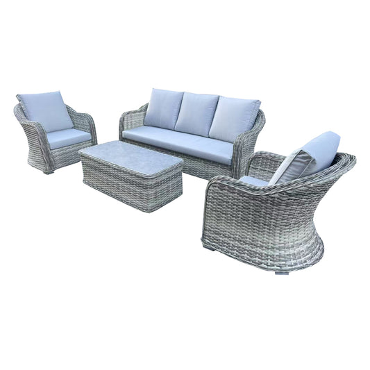 4 Piece Grey Rattan Lounge Set With Glass Top Coffee Table