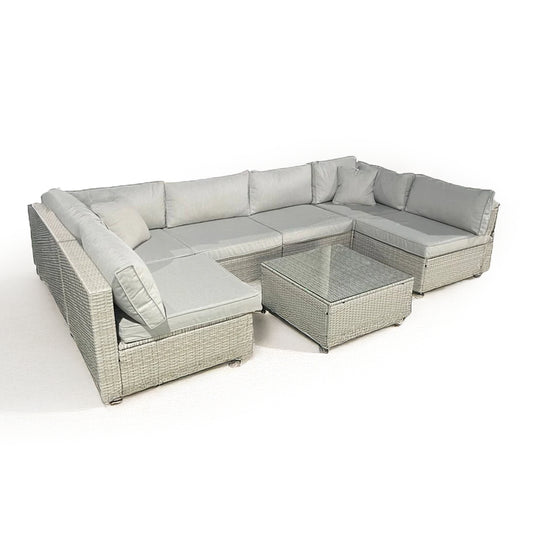 Rattan U Shaped Grey Sofa + Glass Coffee Table