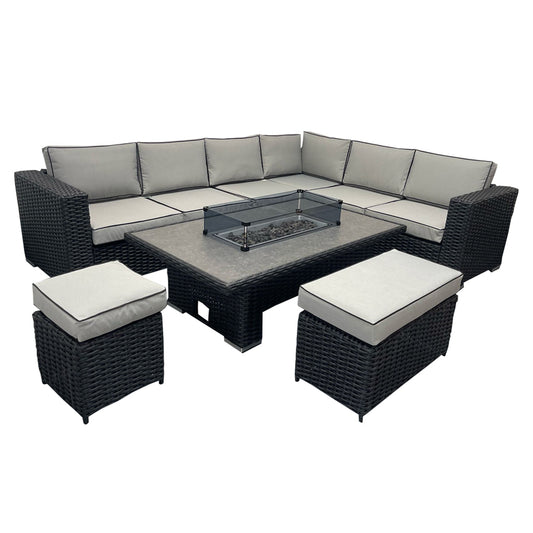 L Shaped 9 Seater Black Rattan Patio Set With Fire Pit Table