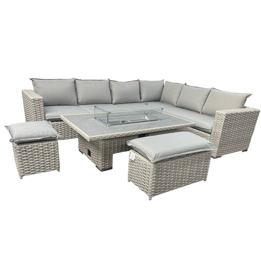 L Shaped 9 Seater Grey Rattan Patio Set With Fire Pit Table