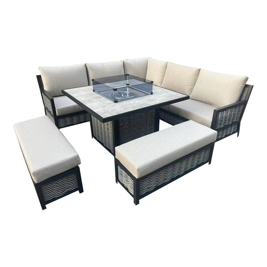 L Shaped 9 Seater Beige Rattan Patio Set With Square Fire Pit Table