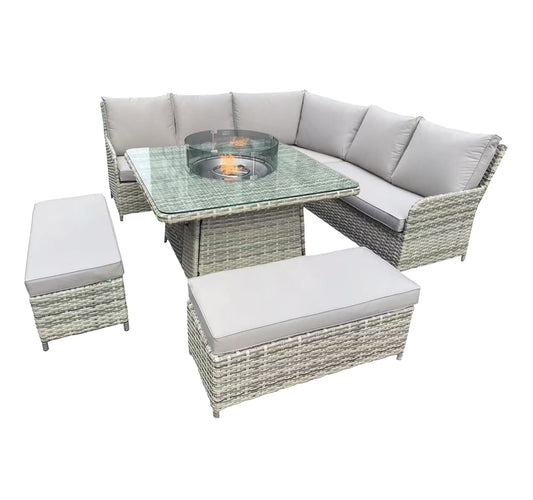 L Shaped 9 Seater Grey Rattan Patio Set With Square Fire Pit Table