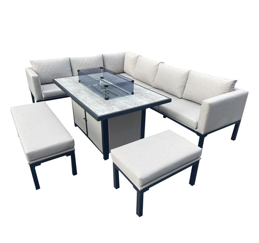 L Shaped 9 Seater Beige Garden Patio Set + Fire Pit Table