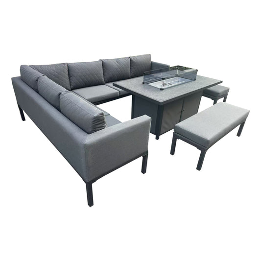 L Shaped 9 Seater Grey Garden Patio Set + Fire Pit Table