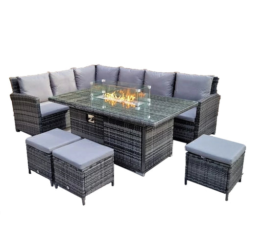 L Shaped 9 Seater Grey Rattan Patio Set With Rectangular Fire Pit Table
